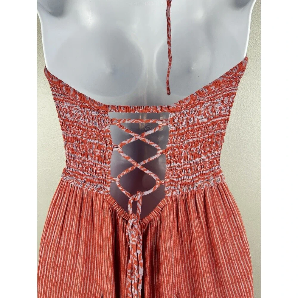 Free People Crystal Bay Wide Leg Jumpsuit Size L Coral Red Halter Smocked Boho